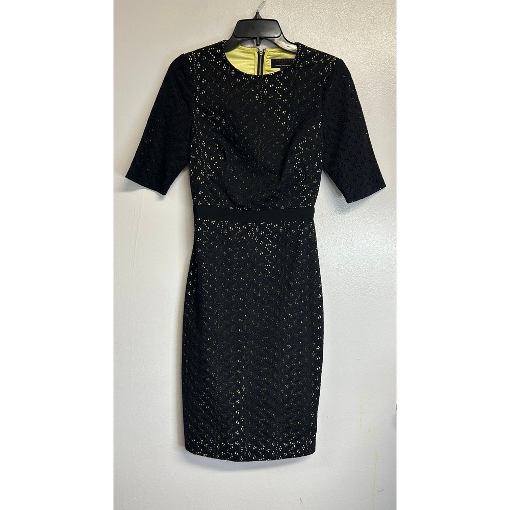 Ted Baker London Black Eyelet Lace Sheath Dress Neon Yellow Lining Size 0